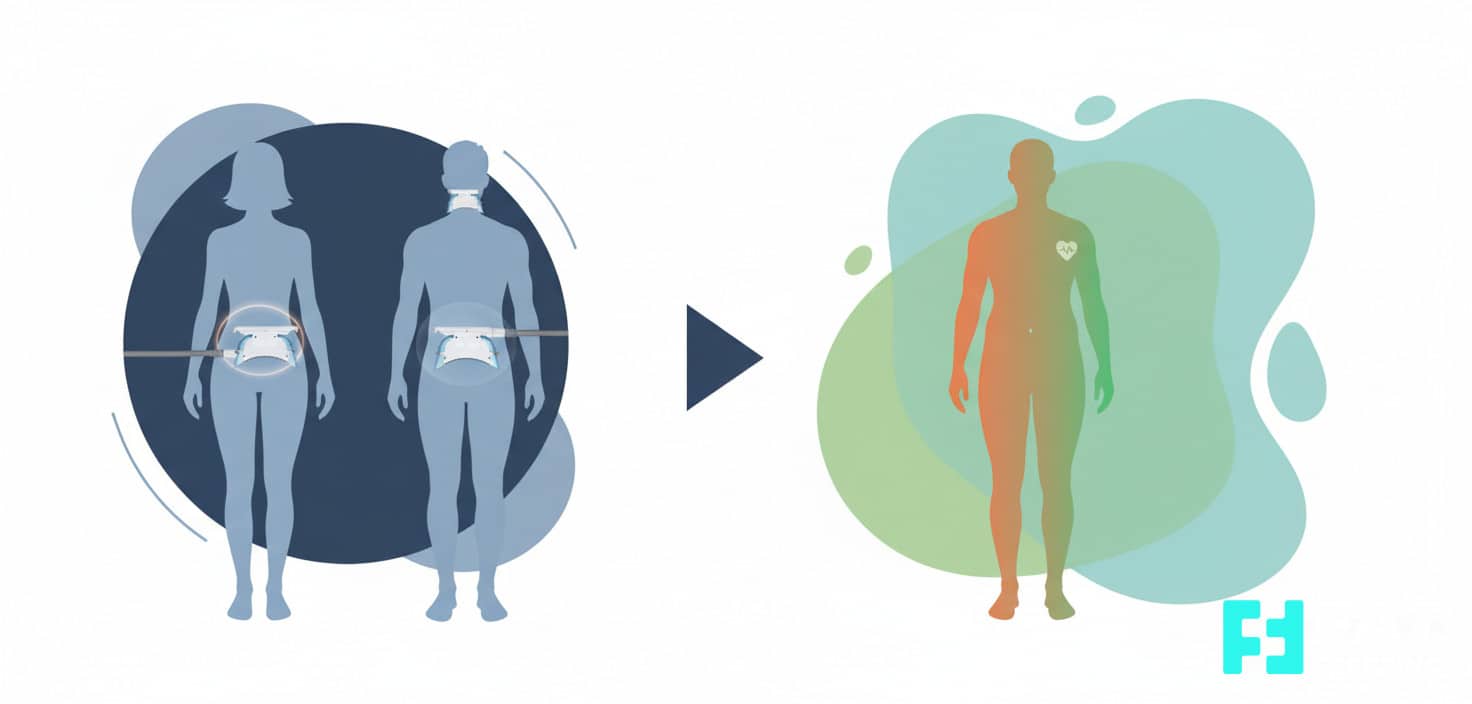 Illustration contrasting targeted fat freezing and full-body effects of Mounjaro