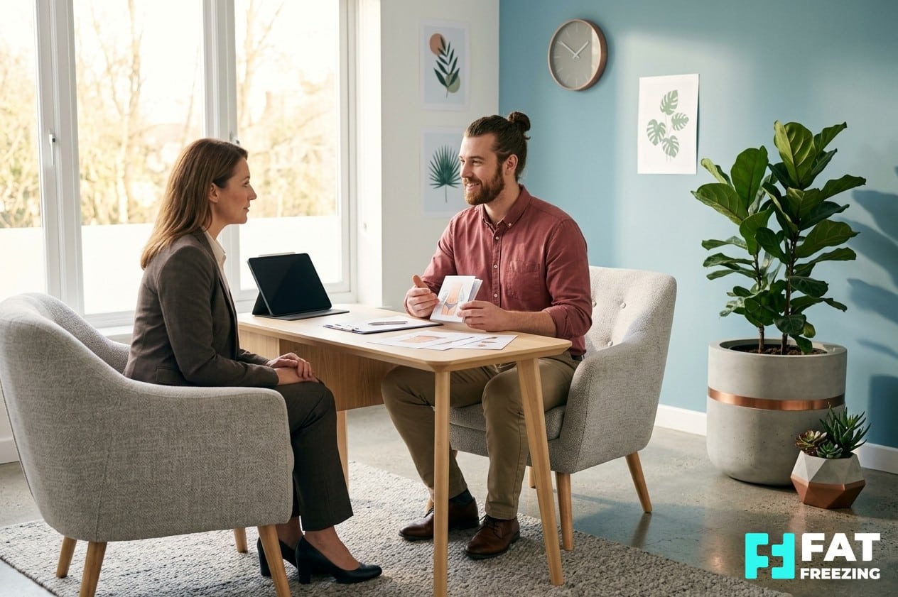 Client discussing body contouring and weight management options in a modern clinic