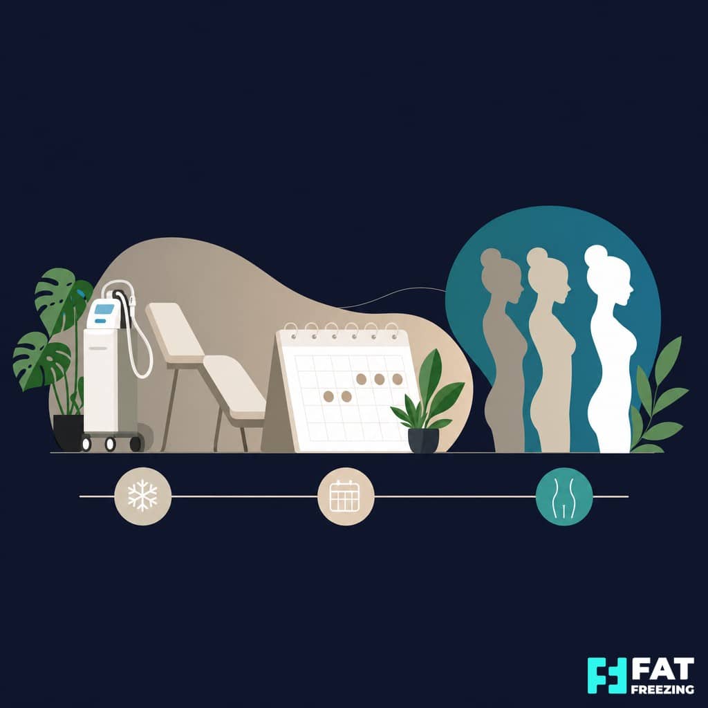 Simple infographic showing the timeline of cryolipolysis results from treatment to visible change