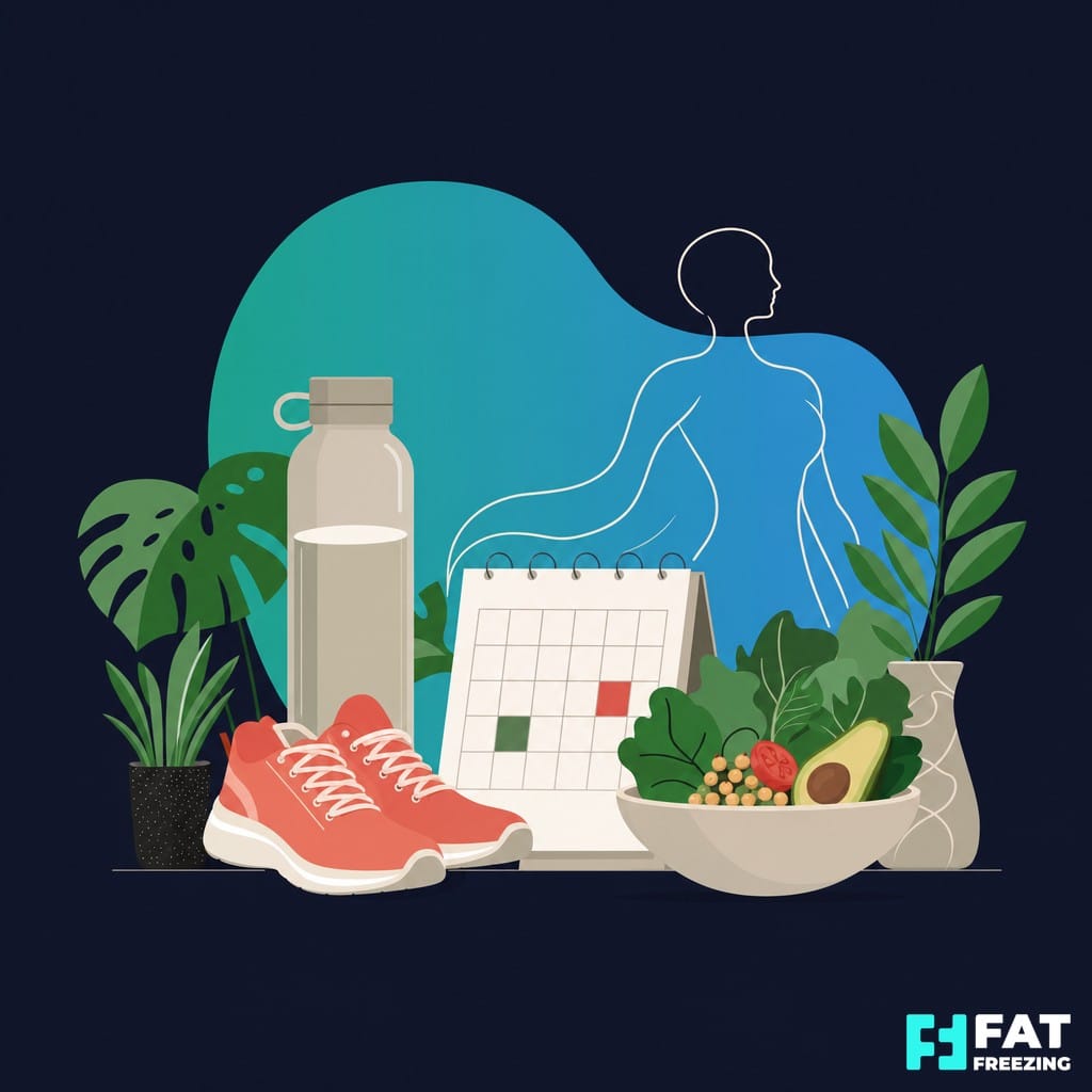 Infographic-style image representing fat freezing aftercare and gradual recovery