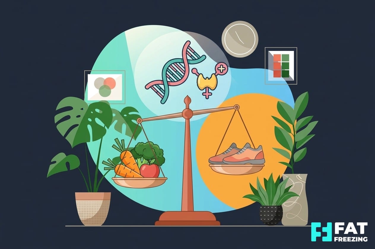 Illustration representing genetics, hormones, diet and exercise in weight management