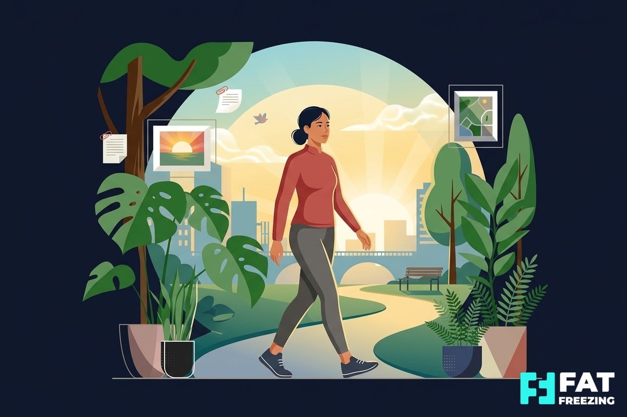 Adult walking in a park as part of a realistic, sustainable weight management routine