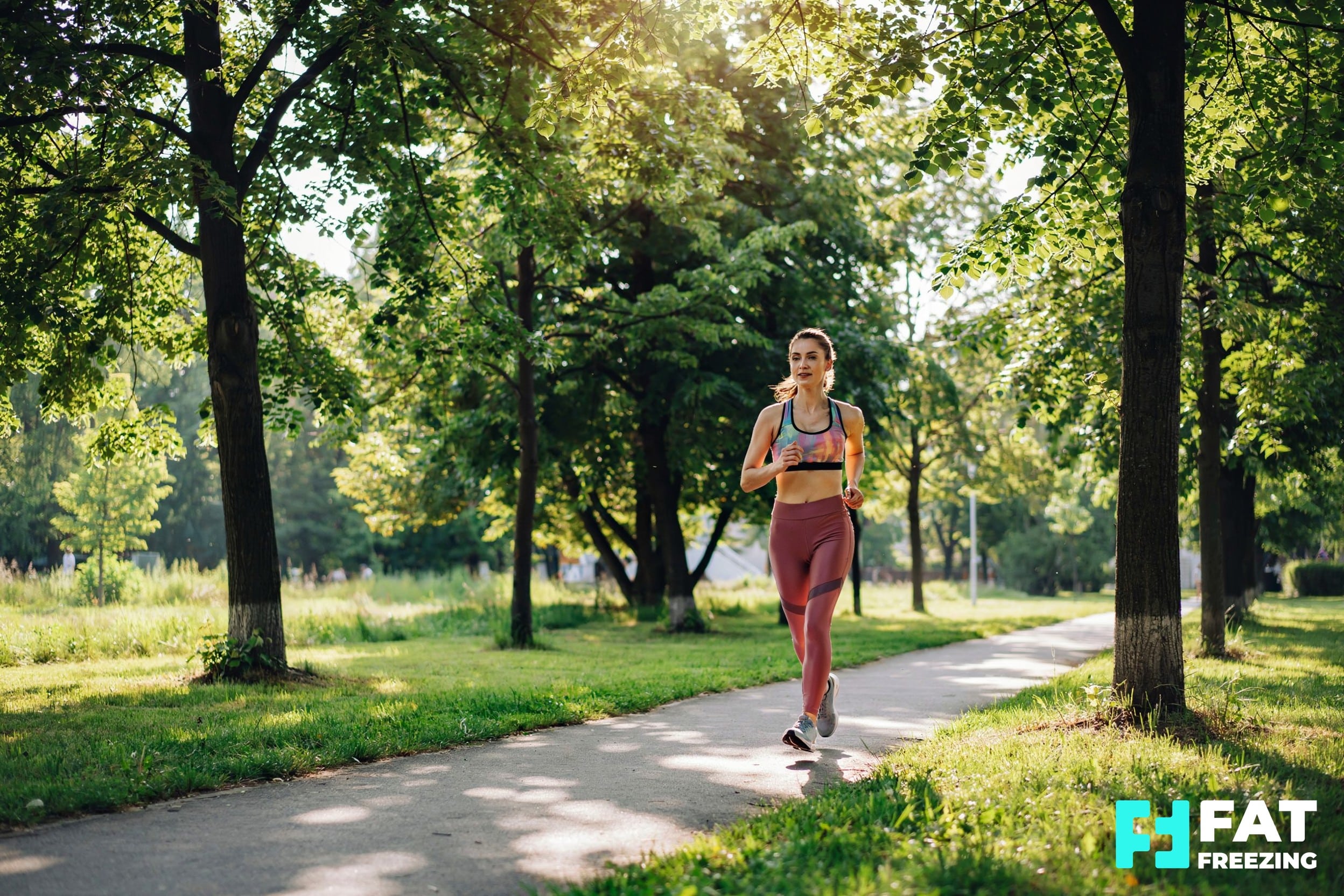 Woman jogging in a park as part of a healthy lifestyle that supports body contouring results